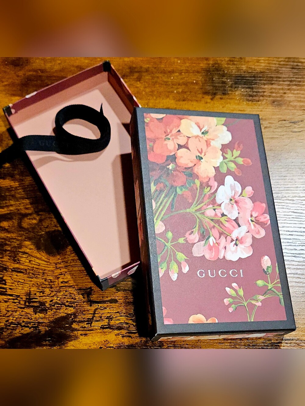 RARE Gucci Floral Gift Box Ribbon Set Burgundy Pink Jewelry Wallet Packaging